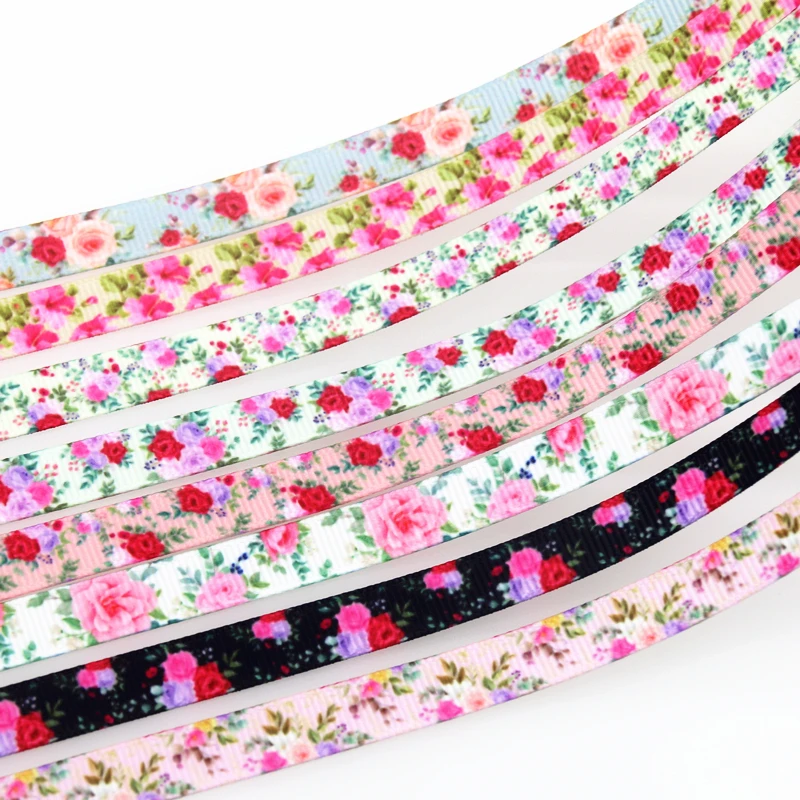 DHK 3/8'' 50yards Floral Rose Flowers Printed Grosgrain Ribbon Accessory Hairbow Headwear DIY Decoration 9mm S1474