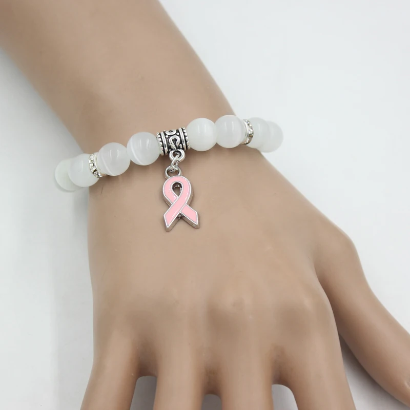 New Arrival Breast Cancer Awareness Jewelry White Pink Opal Beaded Bracelet Breast Cancer Pink Ribbon Charm Bracelets&Bangles