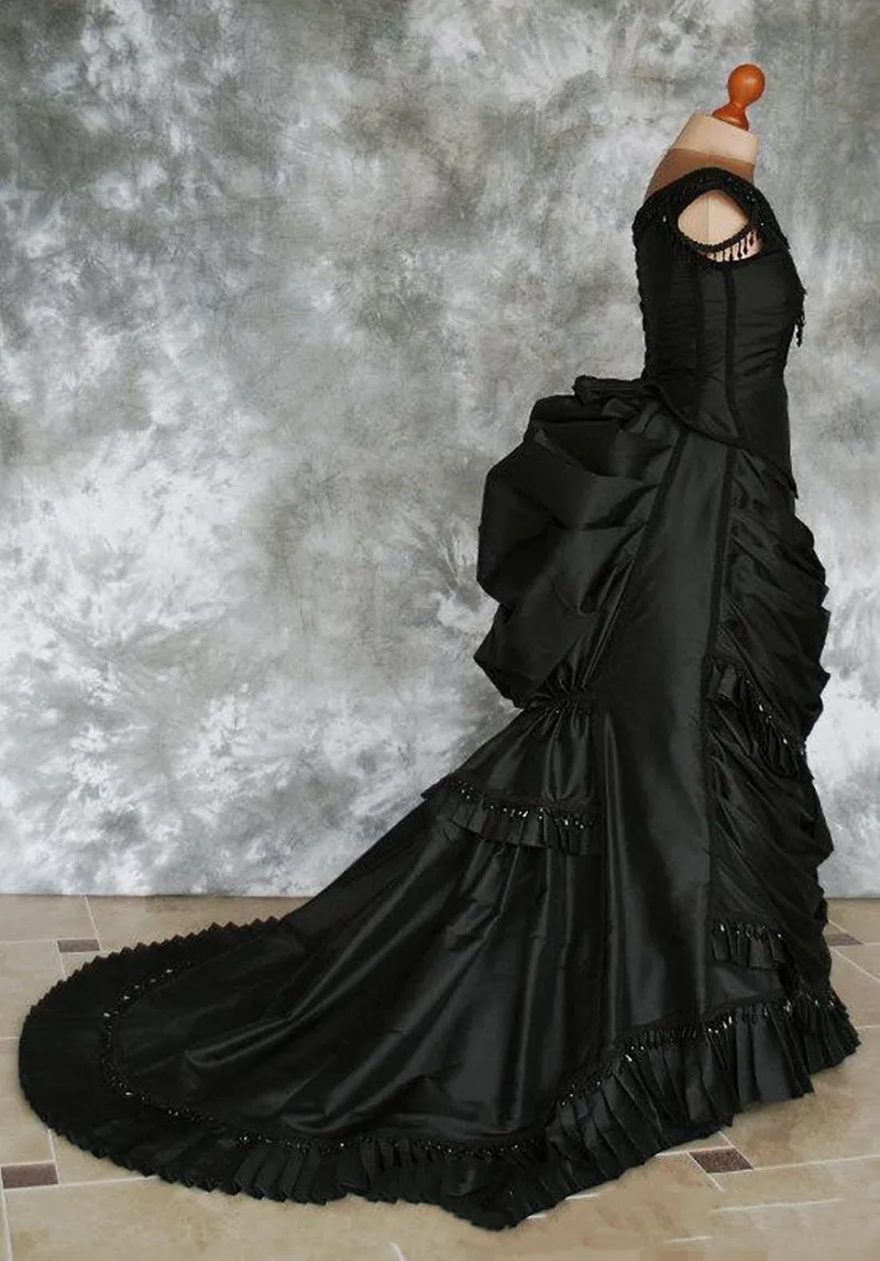 Taffeta Beaded Gothic Victorian Bustle Gown with Train Vampire Ball Masquerade Halloween Black Wedding Dress Steampunk Goth 19th