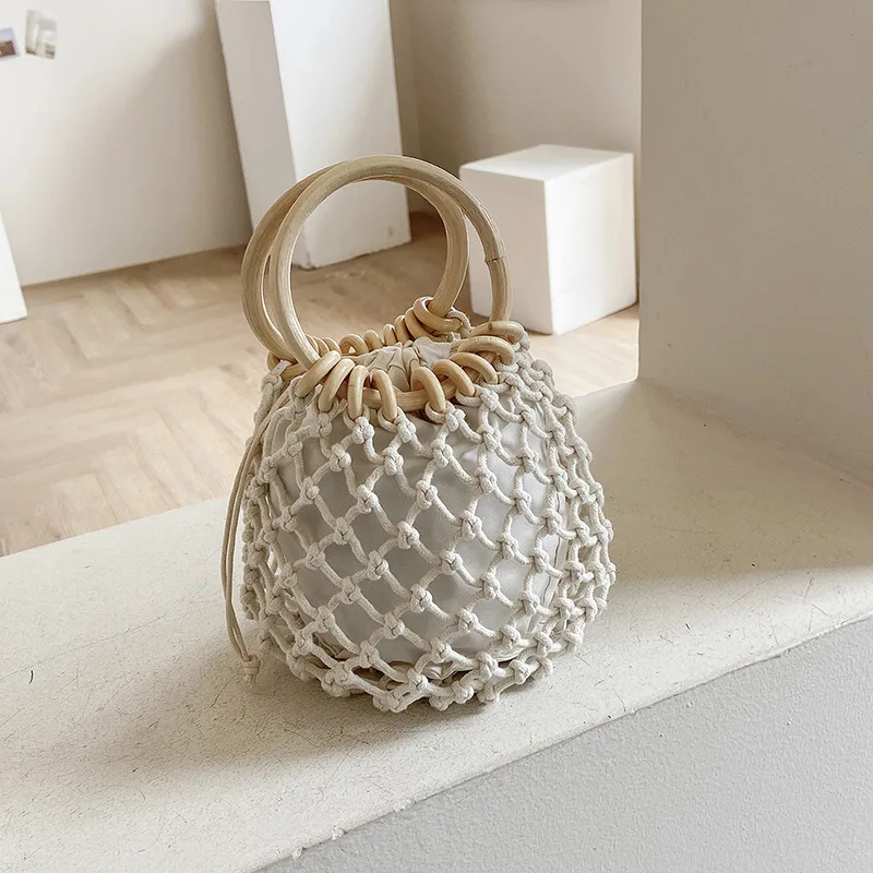 

Handmade Women's Handbags Knitted Mesh Bag Bohemian Hollow Bucket Bag Summer Straw Beach Bags Female Wooden Handle Travel Tote