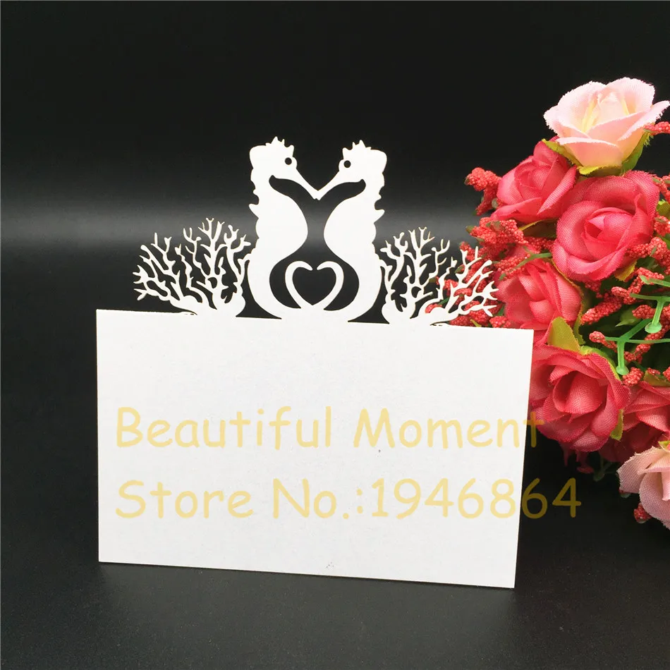 50PCS Creative Sea Horse Wedding Table Card Seat Escort Card, Laser Cut Lace Invitation Card Paper Craft Birthday Party Favors