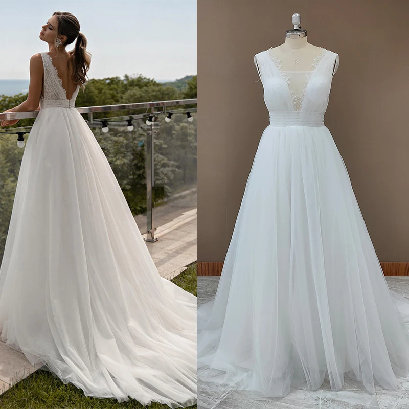 Uma linha de renda profundo v-neck vestido de casamento boêmio praia sem costas feito sob encomenda plissado ao ar livre ruched tule vestido de noiva mais tamanho