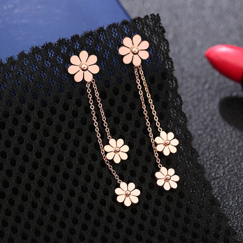 316L Stainless Steel New Fashion Upscale Jewelry Sweet Daisy Flowers Studs Piercing Charm Chain Tassel Drop Earrings For Women