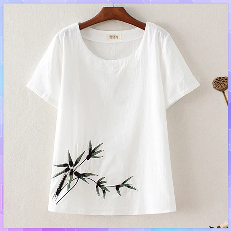 Plus Size Embroidery Women's Cotton Linen Tee Shirt O Neck Oversized T-shirt Ladies Top Retro Casual Loose Short Sleeve Tunic