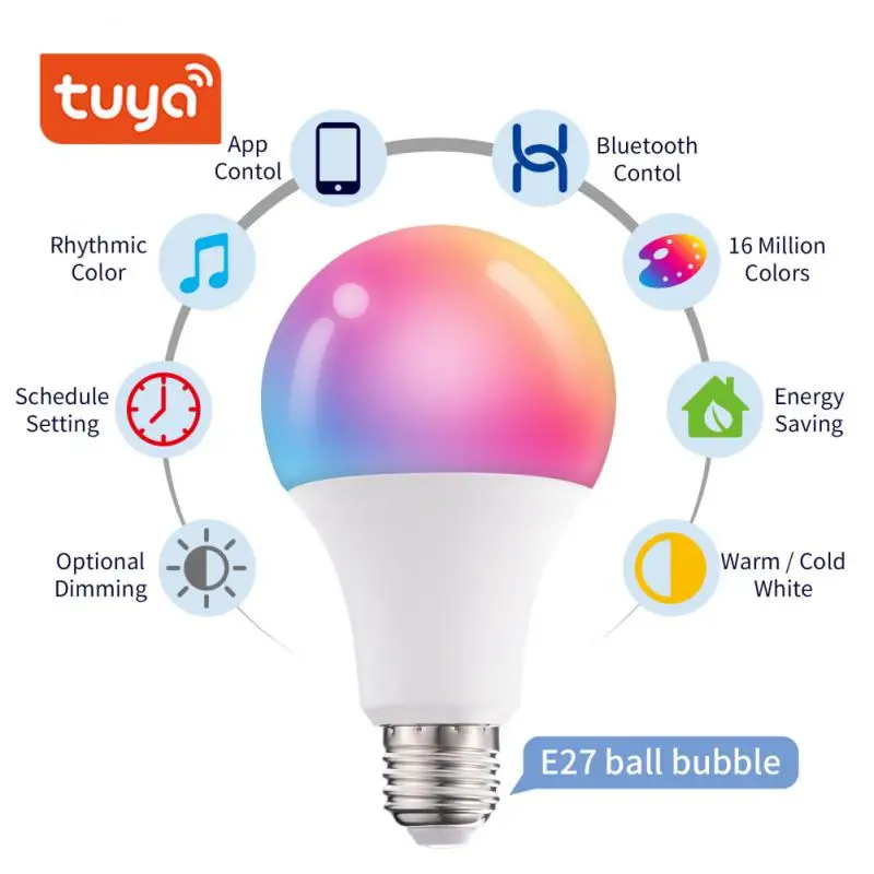 Bombilla Led inteligente Tuya con Bluetooth, lámpara inteligente de 10W E27 B22 RGBW, lámpara Led que cambia de Color RGB + CCT, funciona con puerta de enlace Bluetooth
