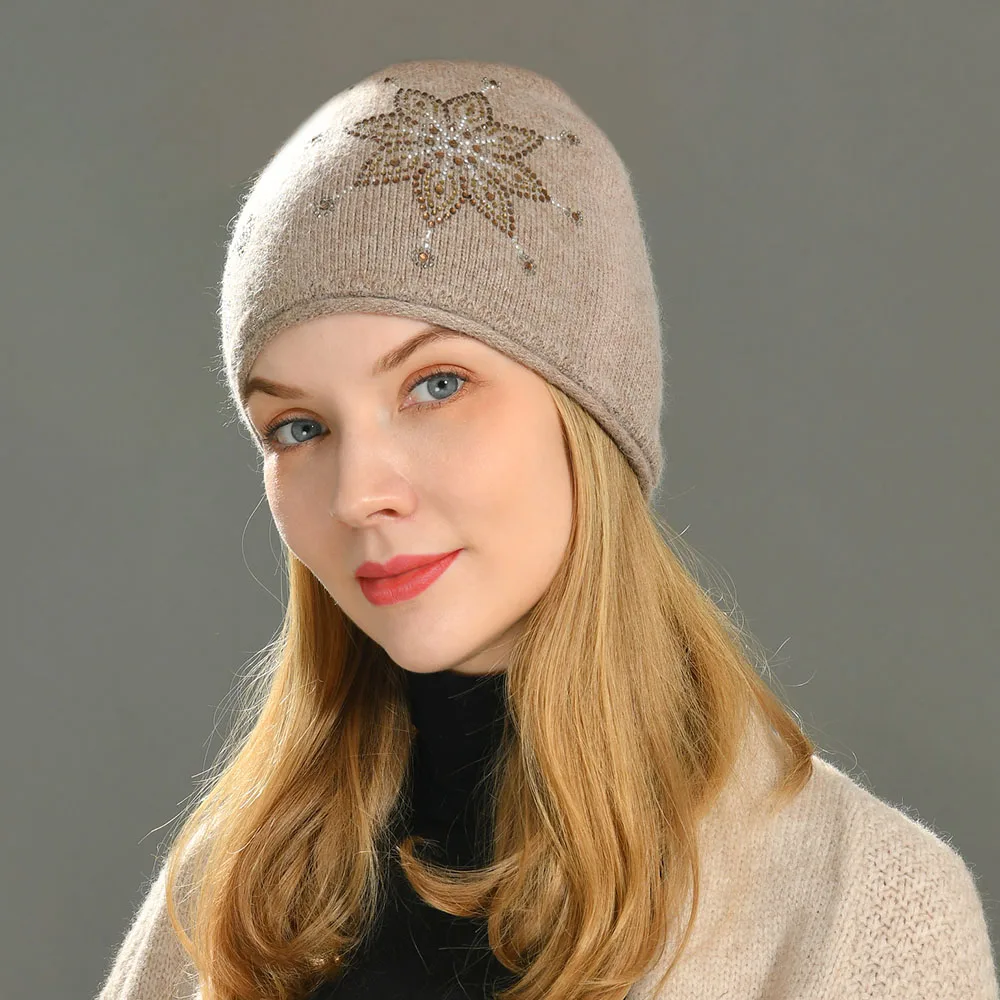 New Cashmere Beanie Hat Snowflake  Rhinestone Winter Cap For Woman Solid Color Warm Hat