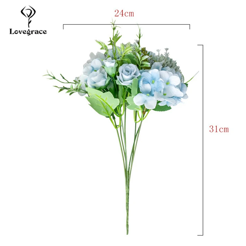 Lovegrace Bouquet da Sposa Rosa Della Seta Artificiale Del Fiore Del Peony Bouquet Della Sposa Rosa Ortensia Pompon Bud Vaniglia Spike di Cerimonia Nuziale di Alimentazione