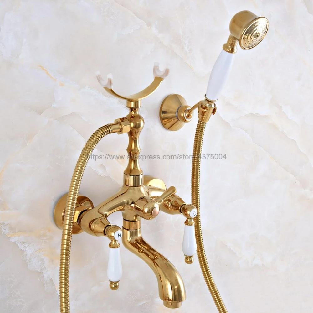 

Gold Color Brass Wall Mounted Bathroom Clawfoot Bathtub Faucet & Hand Shower Basin Sink Mixer Tap & Hand Shower Nna956