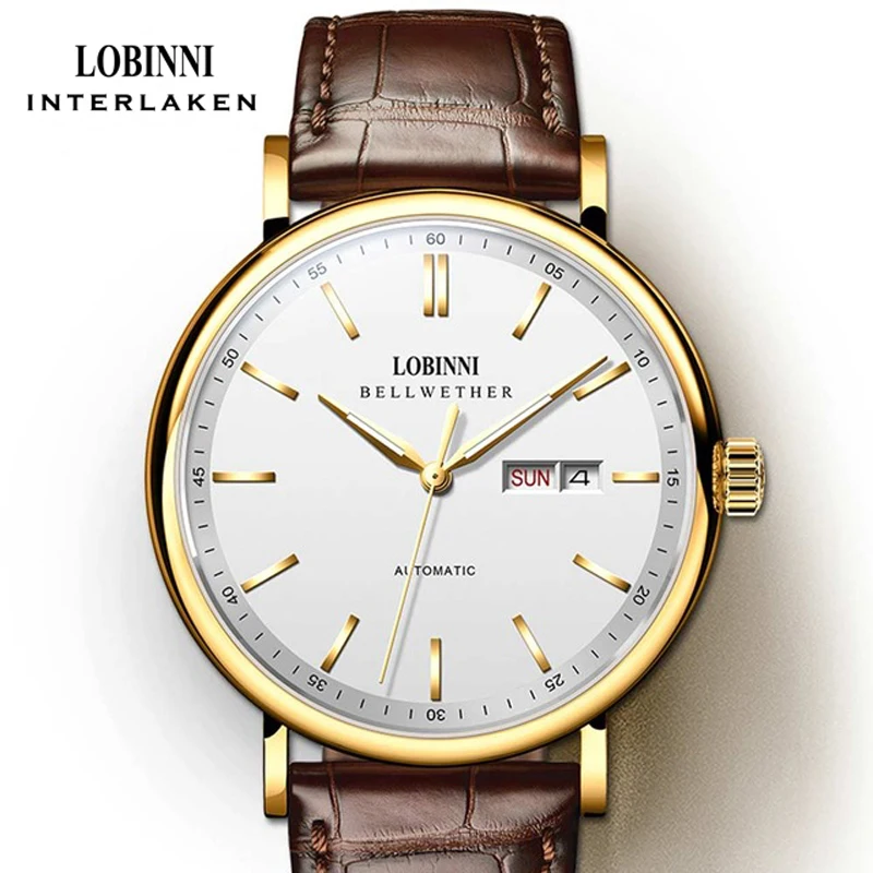LOBINNI رجال الأعمال ساعات أوتوماتيكية حافظة ذهبية حزام من الجلد عرض تناظري ساعة ميكانيكية تاريخ الأسبوع ساعة زجاجية من الياقوت