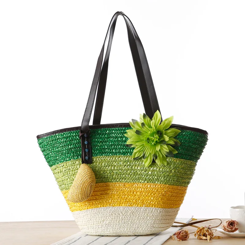 2022 Fashion Straw Handwoven Tote Shoulder Bag 2 in1 Crochet Straw Braided Handbag Applique Hit Color Striped Print Beach Bags