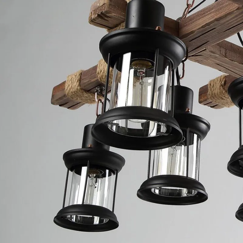 Retro wooden chandelier Glass Lampshade Bar Industrial chandelier chain Loft Solid Restaurant Coffee Shop E27 country style lamp