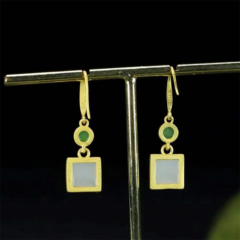 Hot Selling Natural Hand-carved 925 Silver Gufajin Inlaid White Jade  Square Earrings Studs Fashion Jewelry Women Luck Gifts