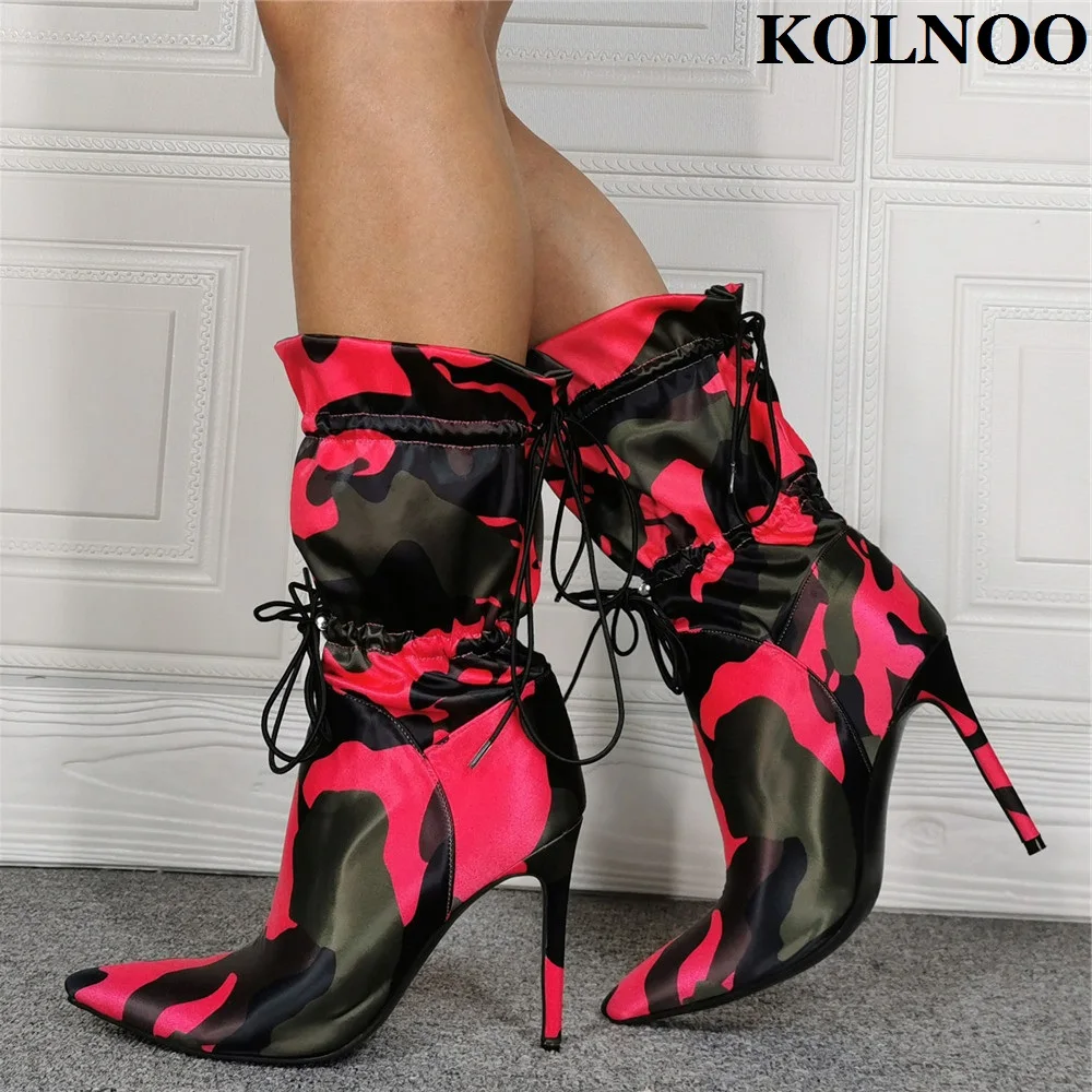 

Kolnoo New 2022 Style Womens High Heels Boots Camouflage Classic Elastic Shoelace Ankle Boots Evening Fashion Party Winter Shoes