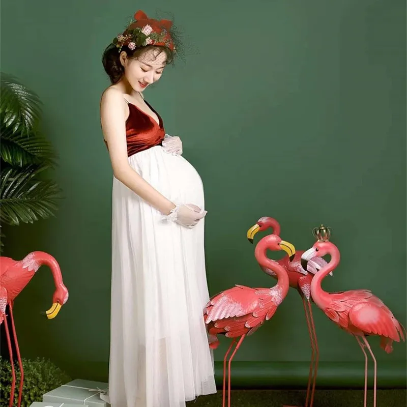 Materity Photography Dresses Red Velvet Strap Top+white Gauze Skirt Elegant Sexy Pregant Dresses Pregnancy Photography Props