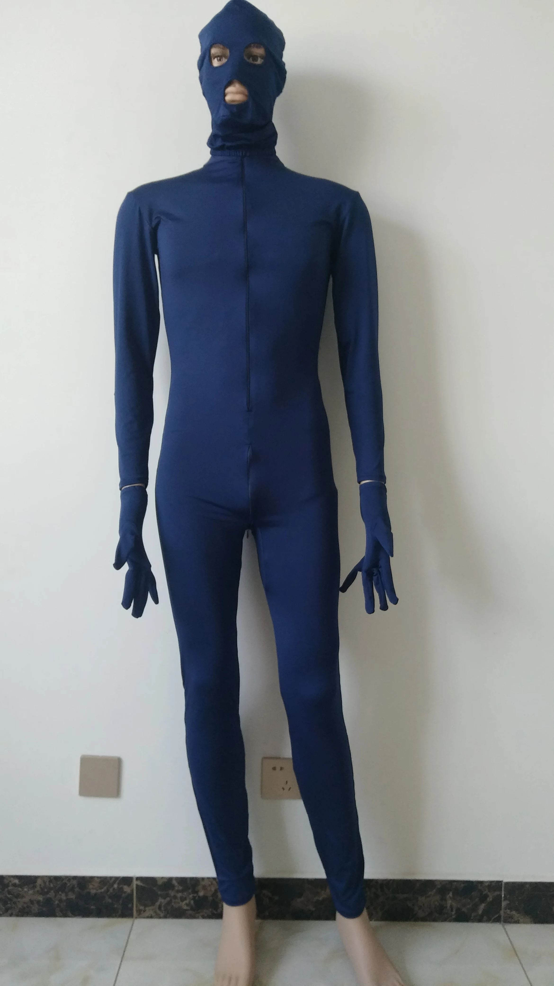 Navy Blue สี Spandex ผู้หญิงผู้ชาย Unitard Catsuit ซิปด้านหน้าถอดออกได้และถุงมือฟุต