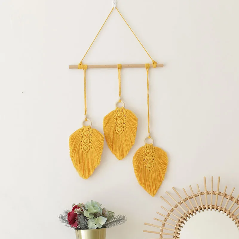 Yellow Nordic Macrame Wall Hanging 3pcs Leaves Tassel Tapestry Living Room Bedroom Headboard Wall Decor Boho Home Decoration