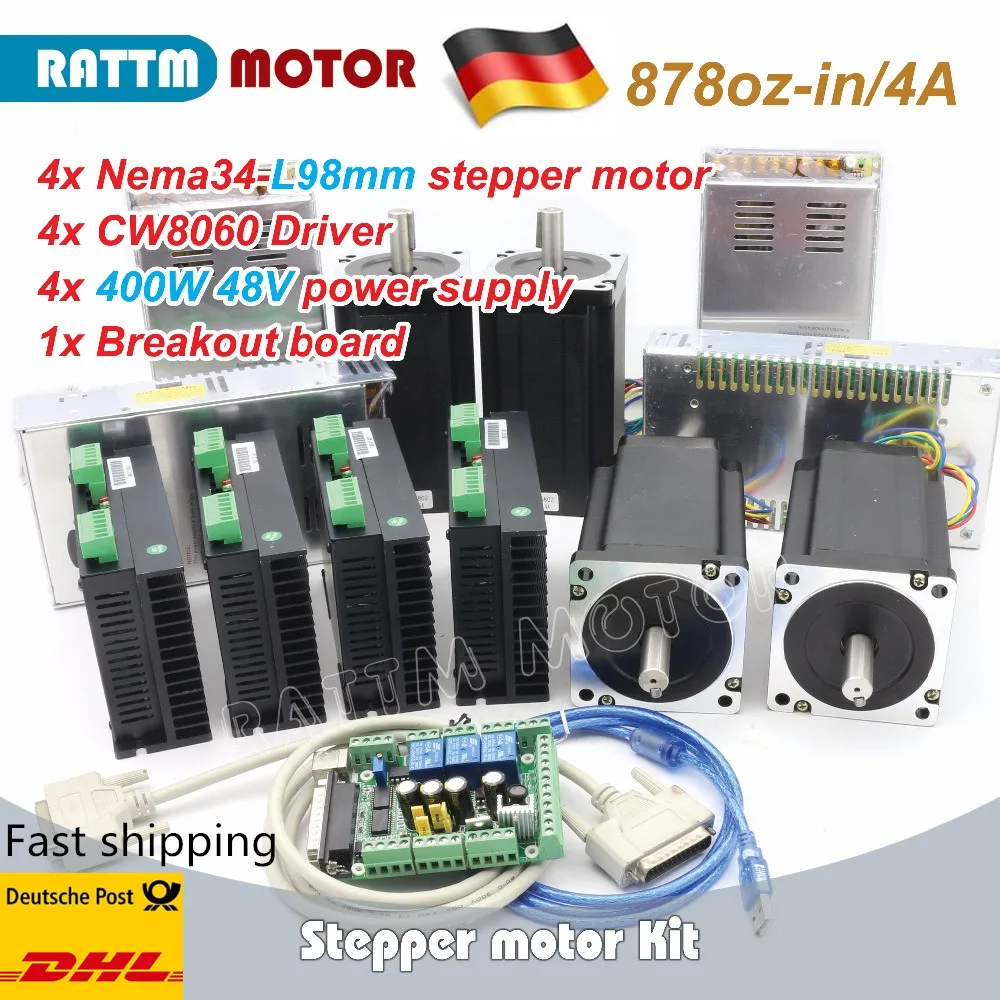 4 Axis Nema34 Stepper Motor CNC Controller kit 98mm 34HS9801 & Driver CW8060 & 400W 48V power supply