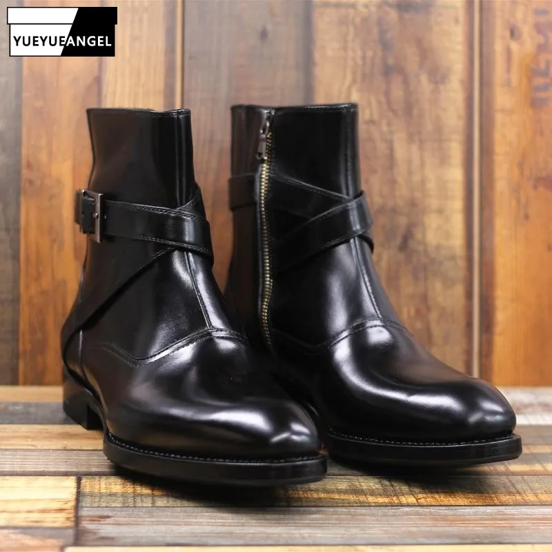 British Style Mens New Genuine Leather Motorcycle Boots Pointed Toe Zippers Cowhide High Quality Fashion Black Ankle Boot