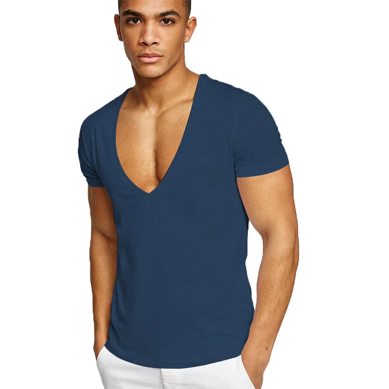 Summer Sexy Deep V-Neck Men\'s T Shirt Low Cut Vneck Wide Vee Tee Male Tshirt Short Sleeve Causal Solid Tops Invisible Undershirt