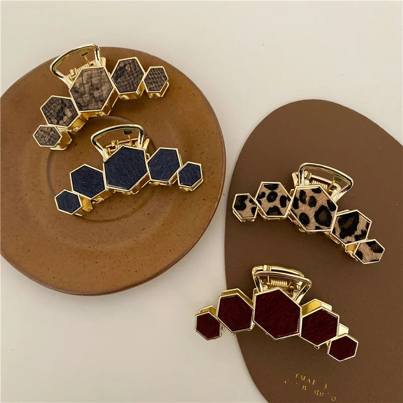 Luipaard Legering PU Leer Haarklauwen Set Vrouwen Banaan Clips Vrouwen Vintage Mode Luipaard Gestreept Lederen Haircatch Hoofdtooi