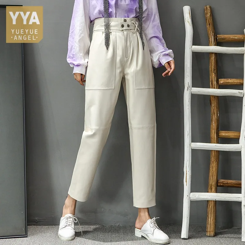 High Waist Genuine Leather Pants Women Casual Loose Fit Sashes Sheepskin Harem Pants Office Lady Ankle Length Straight Trousers