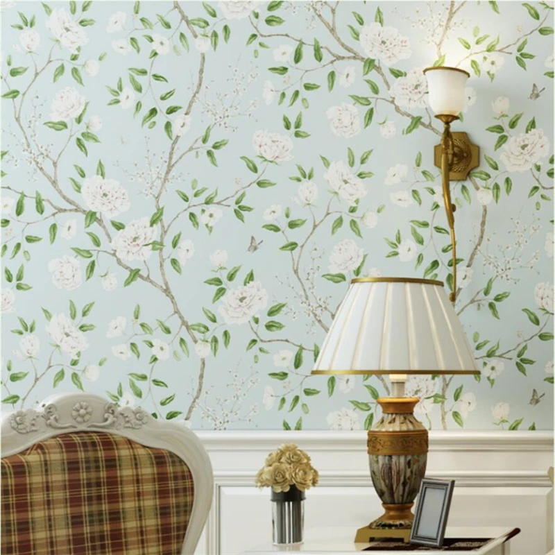 

WELLYU American country pastoral style wallpaper green small fresh art light blue bedroom living room TV background wallpaper