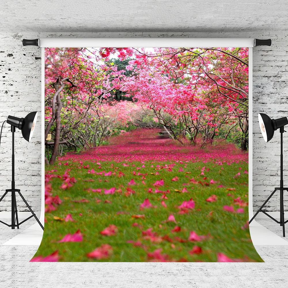 

VinylBDS 10X10FT Valentine Backdrops Lawn Covered With Pink Petals Washable Studio Background Tree Full of Flowers Backdrops