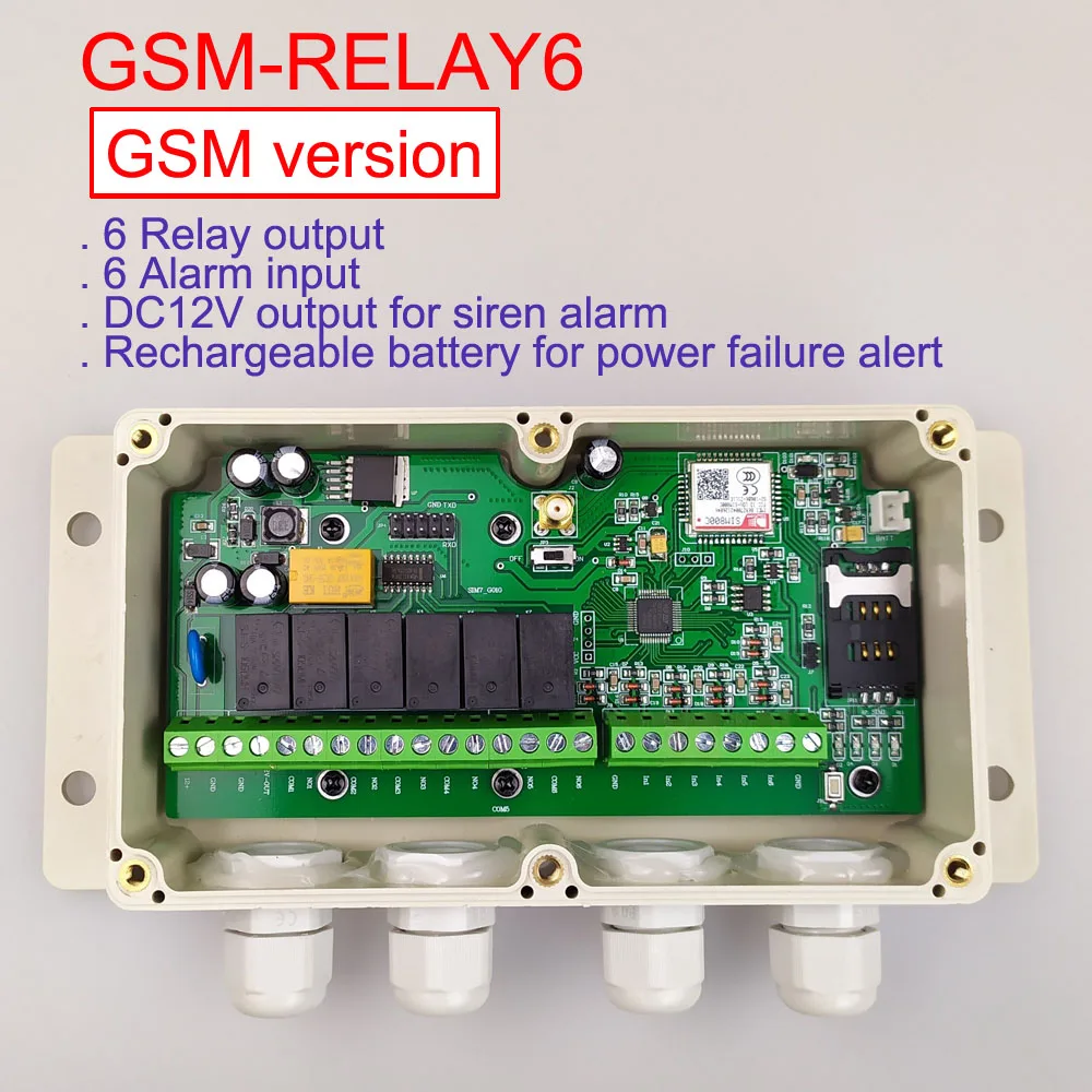 GSM-RELAY6 Six GSM remote control relay output and Six alarm input port Rechargeable battery for power failure alert