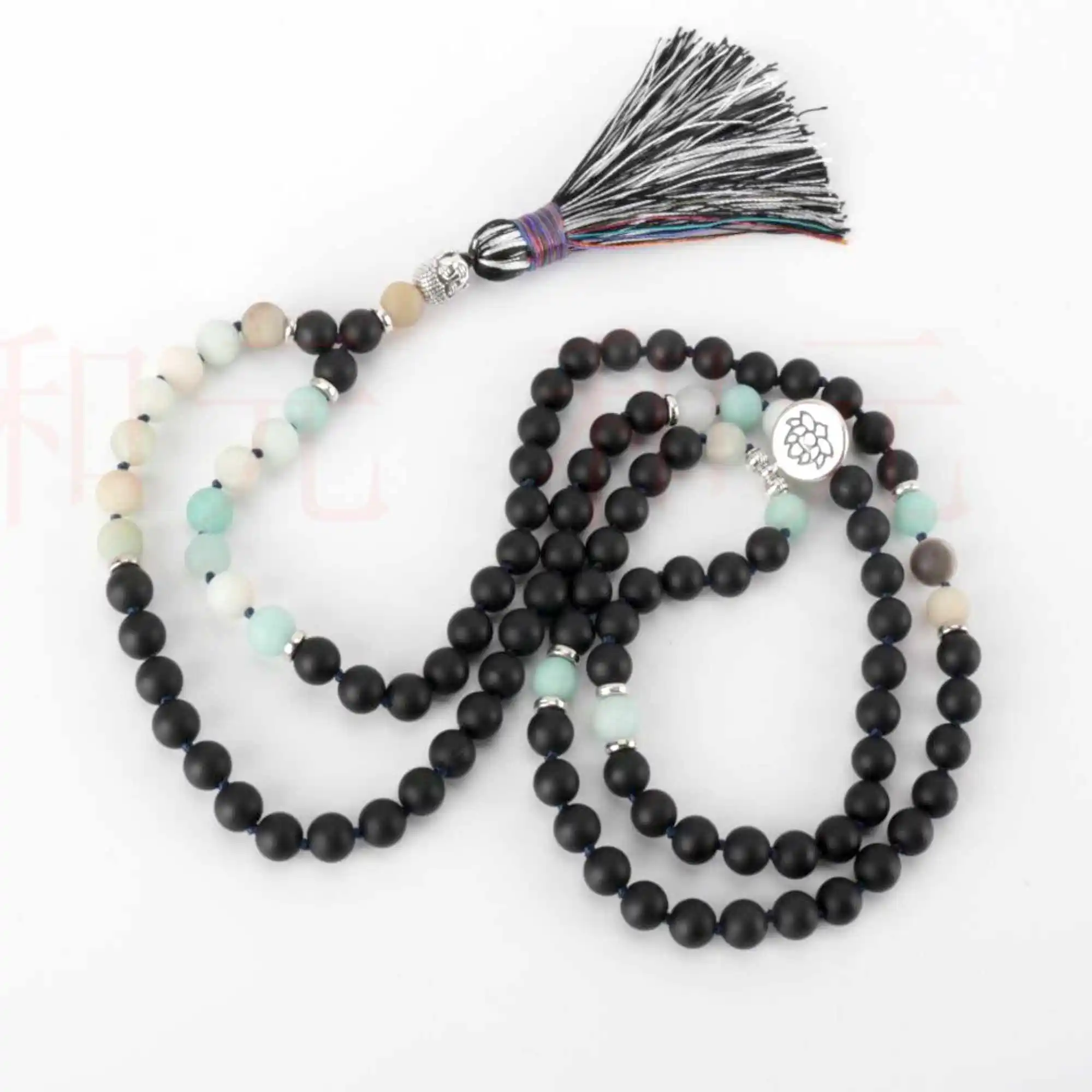 6mm 108 knot Amazonite black agate silver necklace Beaded Taseel zazen Healing Seven Chakras Prayer Mala