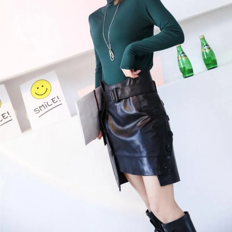 Spring New Women Belted High Waist Asymmetrical Mini Skirt Ladies Moto Biker Buttons Sheepskin Genuine Leather Slim Wrap Skirts