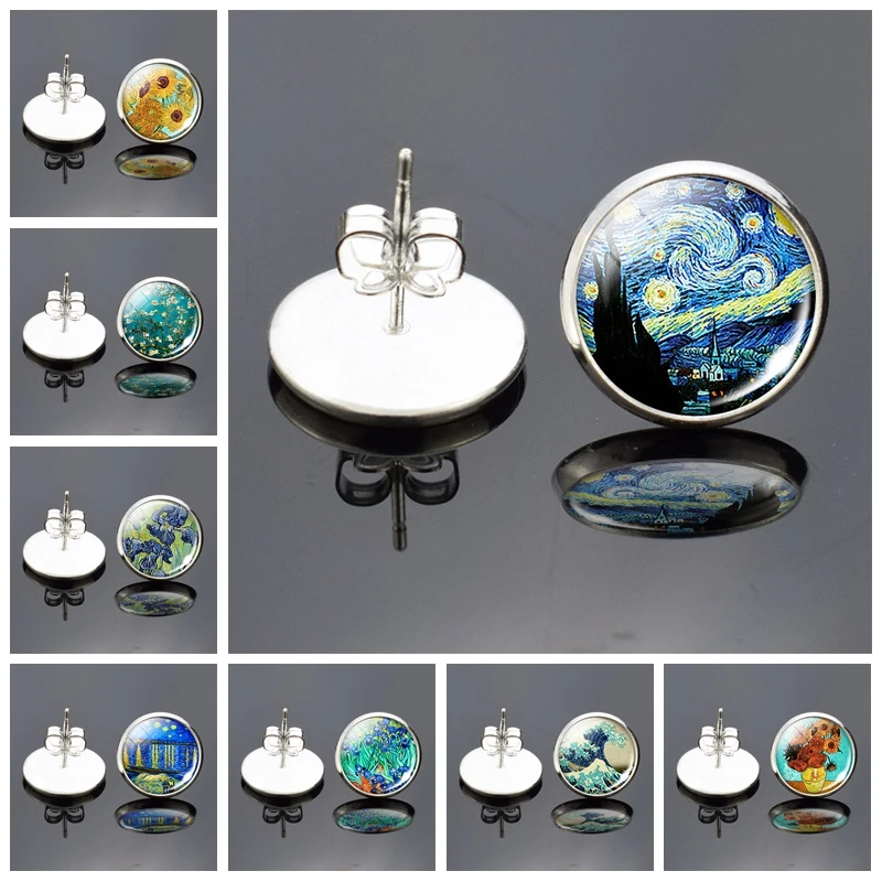 

Trendy Van Gogh Statement Stud Earrings Art Oil Painting Picture Glass Cabochon Earrings for Women Jewelry Christmas Accessories