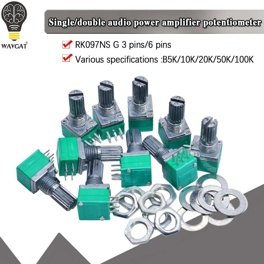 10pcs/lot RK097G 6Pin 5K 10K 20K 50K 100K B5K with a switch audio shaft 15mm amplifier sealing potentiometer