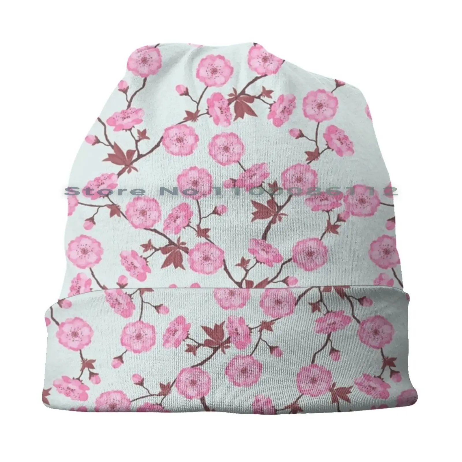 Cherry Blossom Pattern Beanies Knit Hat Cherry Blossom Flower Cute Pattern Pink Girly Mint Brimless Knitted Hat Skullcap Gift