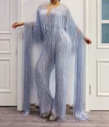 Silver Gray Fringe Rhinestones Jumpsuit Birthday Celebrate Tassel Bodysuit Stage Dance Leggings Women Singer Dancer Outfit