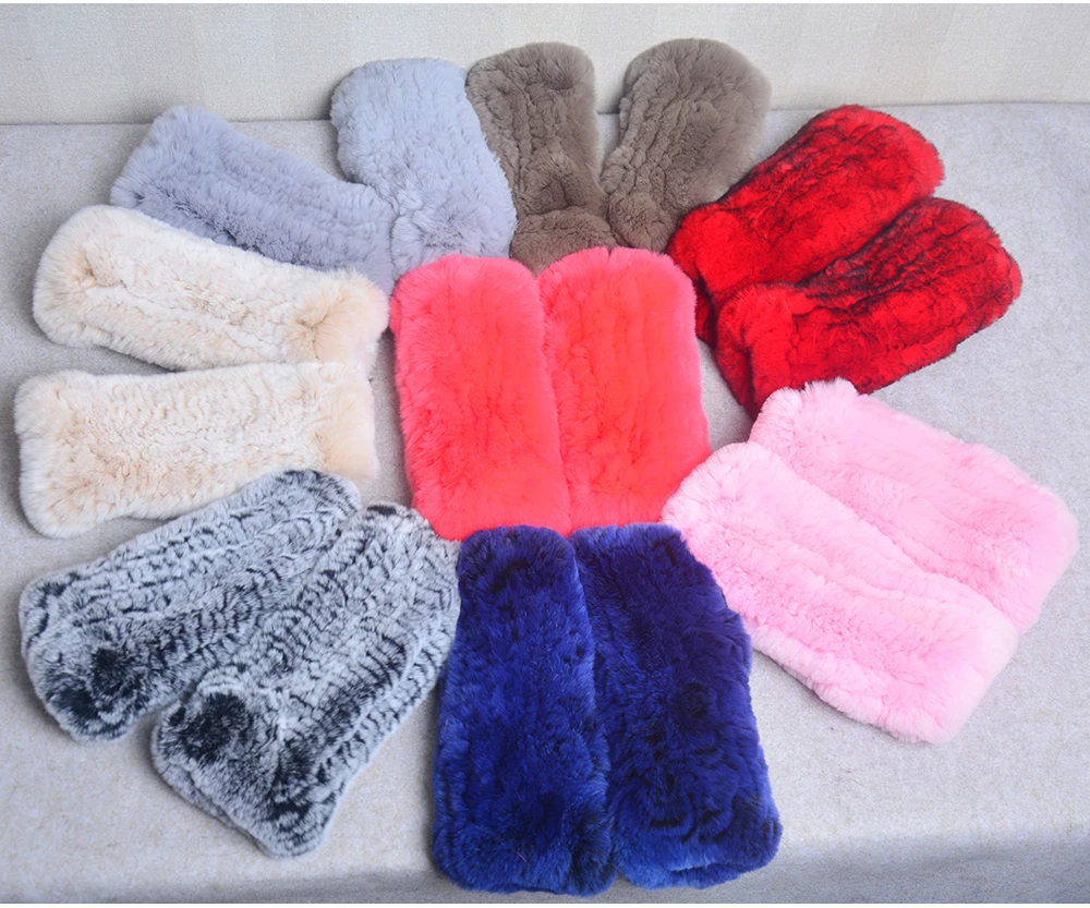 New Women 100% Real Genuine Knitted Rex Rabbit Fur Mittens Winter Warm Lady Real Fur Fingerless Gloves Handmade Knit Fur Mitten