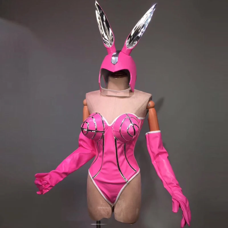 Nightclub Bar DS Female Singer Dance Costume Party Halloween Outfits Rabbit Helmet Bodysuit Stage Performance Costume DWY4093