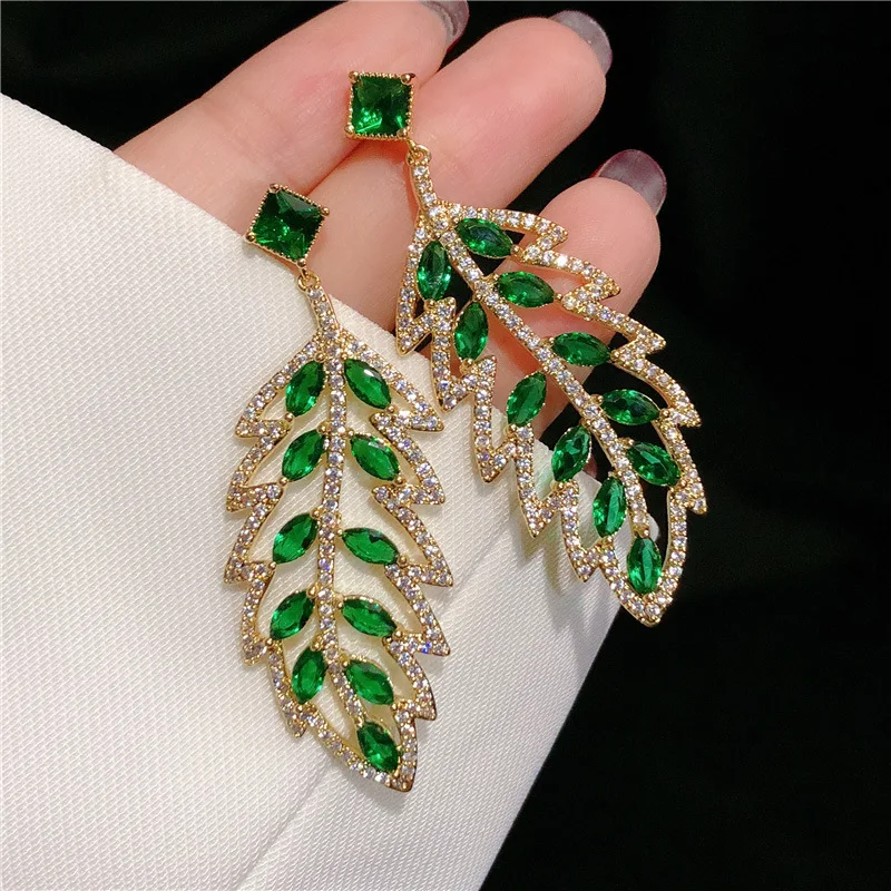 EYER Luxury Fashion Earrings For Women Shining Crystal Feather Leaf Shaped Long Earrings 2021 New Pendant Earrings Brand Jewelry