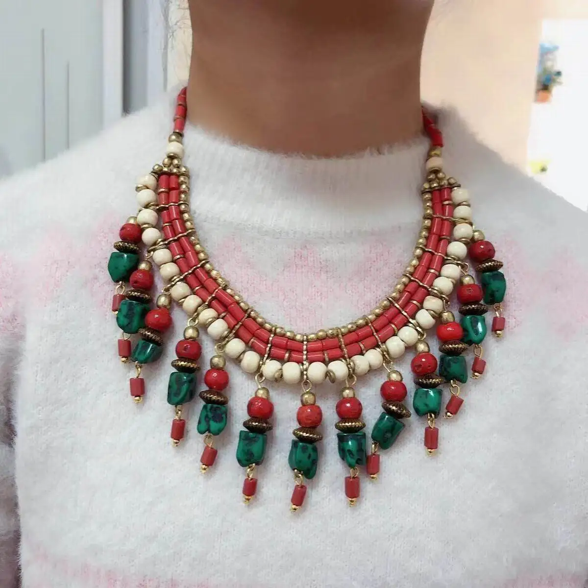 NK151 Tibetan Jewelry Handmade Nepal Brass Metal Coral Turquoises Colorful Beads Charm Necklace