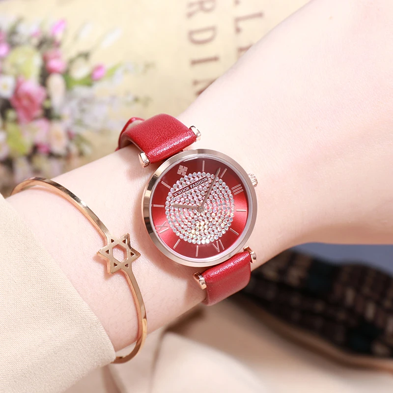 WWOOR Luxury Small Dial Women Watches Dress Diamond Wrist Watch For Women Red Leather Quartz Waterproof Clock Gift Female Watch