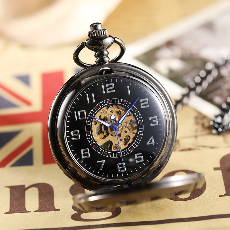 2020 Top Luxury Steampunk Black Mechanical Pocket Watch With FOB Chain Hand Wind Skeleton Hollow Clock For Men Women Gift Box