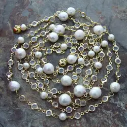 69'' Freshwater Cultured White Potato Pearl Crystal Chain Long Necklace
