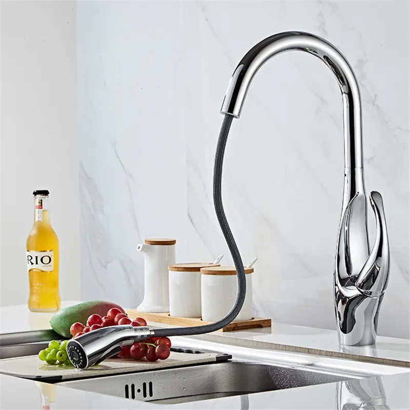 Tuqiu Nickel Kitchen Faucets Chrome Pull Out Kitchen Faucet Tap Single Hole Rotating Sink Faucet Water Mixer Tap Mixer Tap