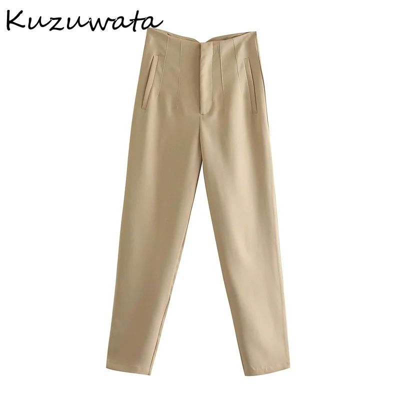 Kuzuwata High Waist Hip Button Design Pants Women Work Style Ol Solid Pocket Draped Trousers Feminino Spring 2024 New Pantalones