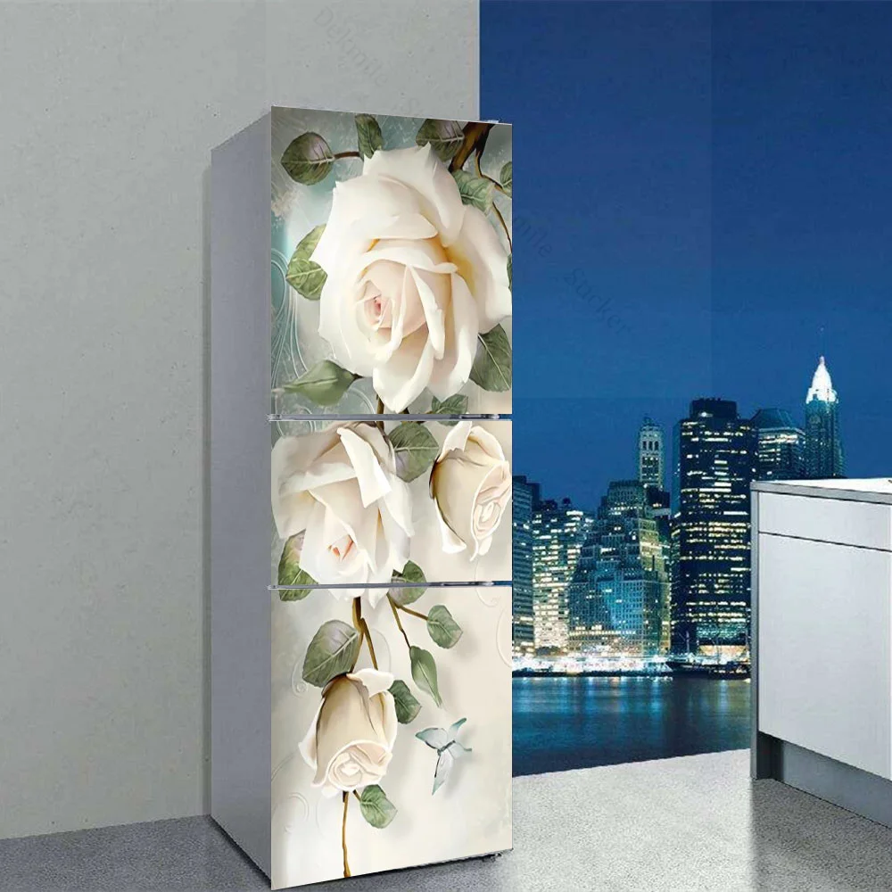 White Flower Refrigerator Decorative Sticker Self Adhesive Waterproof Kitchen Decoration Wallpaper Fridge Door Cover Mural Decal