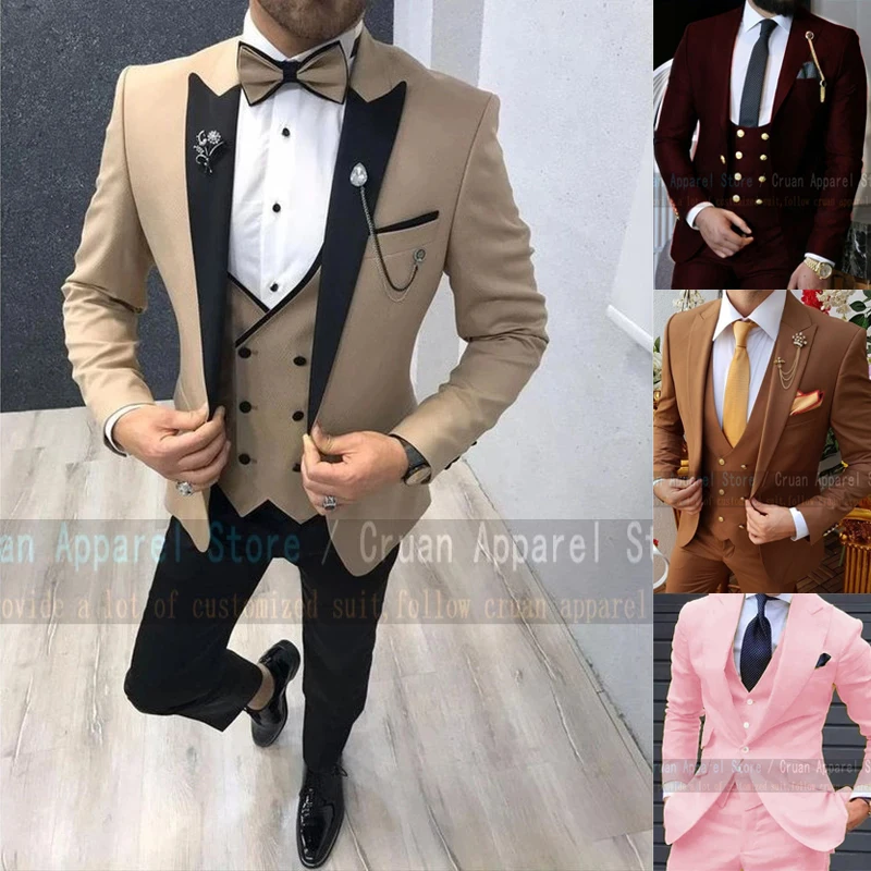 

Tailor-made Khaki Wedding Suits for Groom Best Man Slim Fit Party Prom Men Suit Tuxedo Gold Buttons Jacket Vest Pants 3 Pieces