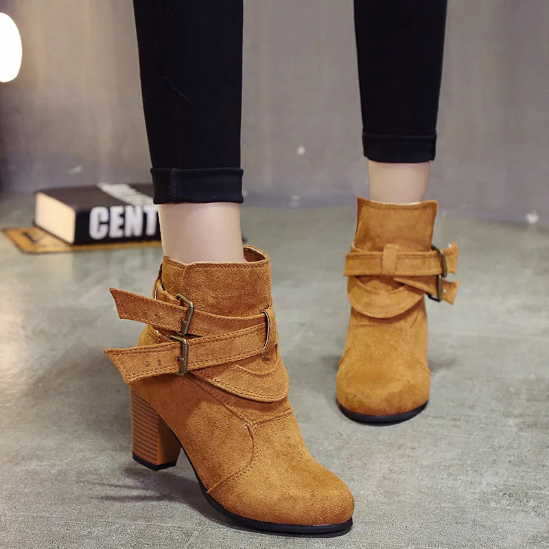 Autumn Chunky Heel Women Boots Retro Ankle Boots belt buckle Female Shoes vintage Round Toe Casual High Heels  boots