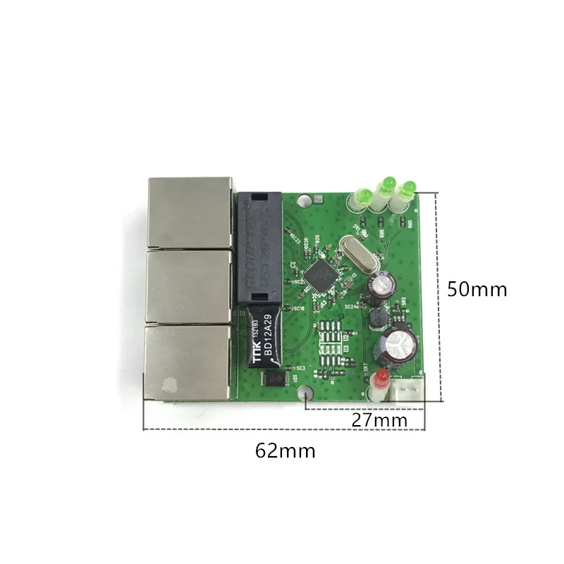 Carte de commutation hub de réseau Ethernet 10/100mbps, mini rapide, usine OEM, 3 ports lan, pcb à deux couches, port de tête rj45, 5V 12V