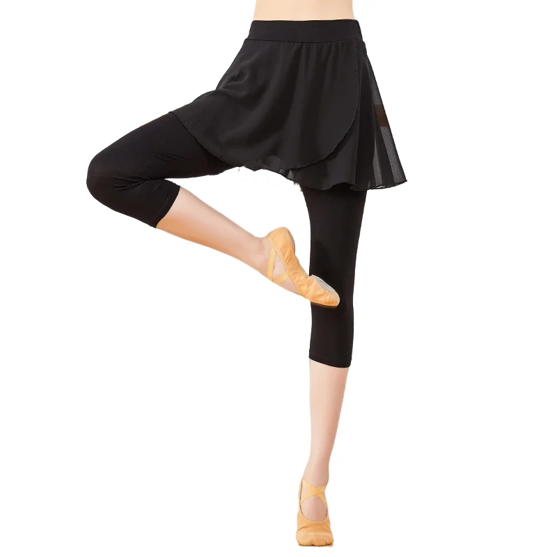 The Modern Dance Pants With Chiffon Short Skirt Ballet Practice Tights Latin Dancer Ankle Leggings Elastic Waist Plus Size 3XL