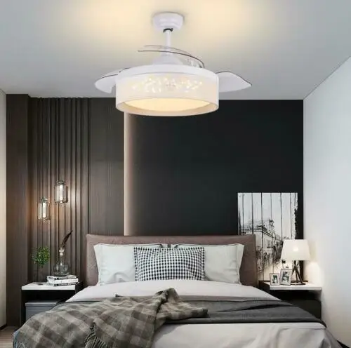 42"Modern Ceiling Fan with Light Remote Control Fan Chandelier  Three-Color Change LED Retractable Blades Chandelier Decor