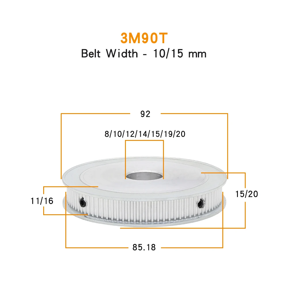 3M-90T Electric Motor Pulley Bore Size 8/10/12/14/15/20 mm Belt Pulley Alloy Material Match With Width 10/15 mm 3M Timing Belt